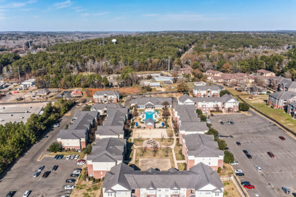 Aerial view of The Overlook student apartments and surrounding Nacogdoches TX area