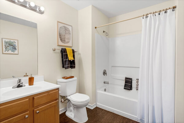 Private bathroom with bathtub and vanity in a student apartment at The Overlook Nacogdoches TX