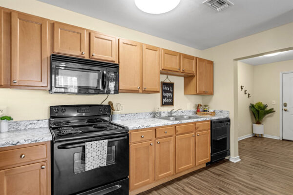 Fully equipped apartment kitchen with granite-style countertops at The Overlook Nacogdoches TX
