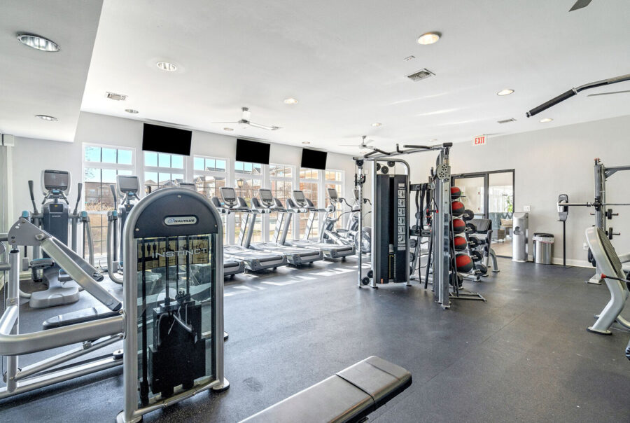 24-hour fitness center with cardio and weight equipment at The Overlook student apartments near SFA