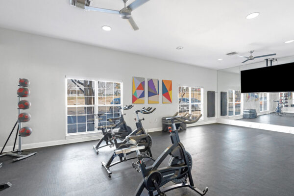 Spin bike fitness studio at The Overlook student apartments near Stephen F. Austin State University