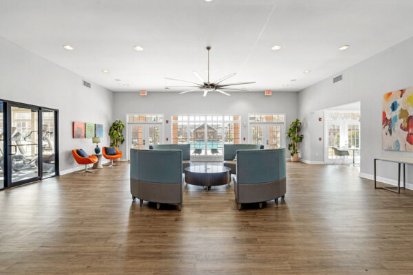 Resident clubhouse and common lounge area at The Overlook student apartments near SFA Nacogdoches