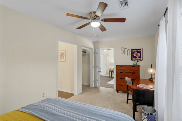 Furnished student bedroom with study desk near SFA at The Overlook Nacogdoches TX